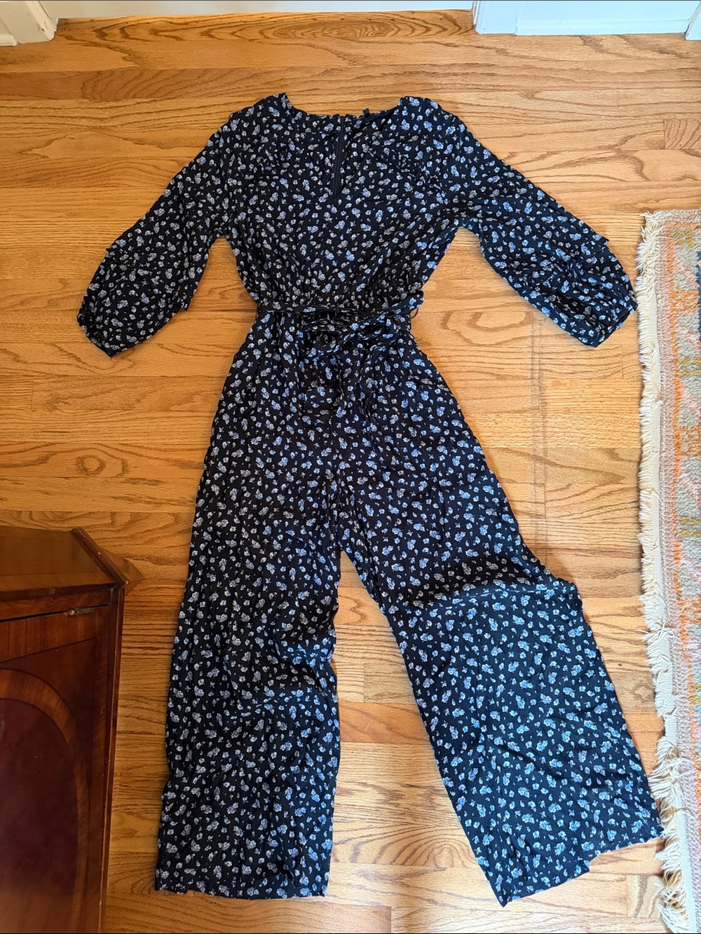 Madewell Ditsy Floral Wide Leg Jumpsuit Black Blue Cropped Ruffle Detail
